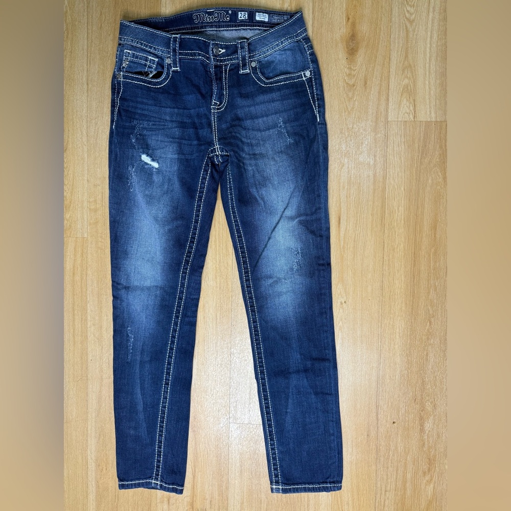 Miss Me Women's Size 28 Mid-Rise Skinny Dark Blue Distressed Jeans